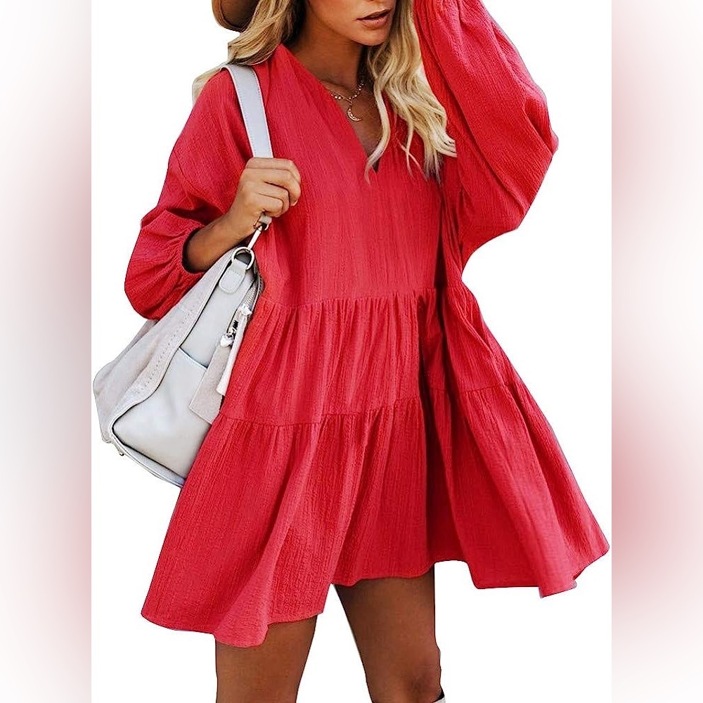 FANCYINN Women’s Red Shift Dress with Pockets, Ruffle Hem, Size XL, Extra Large